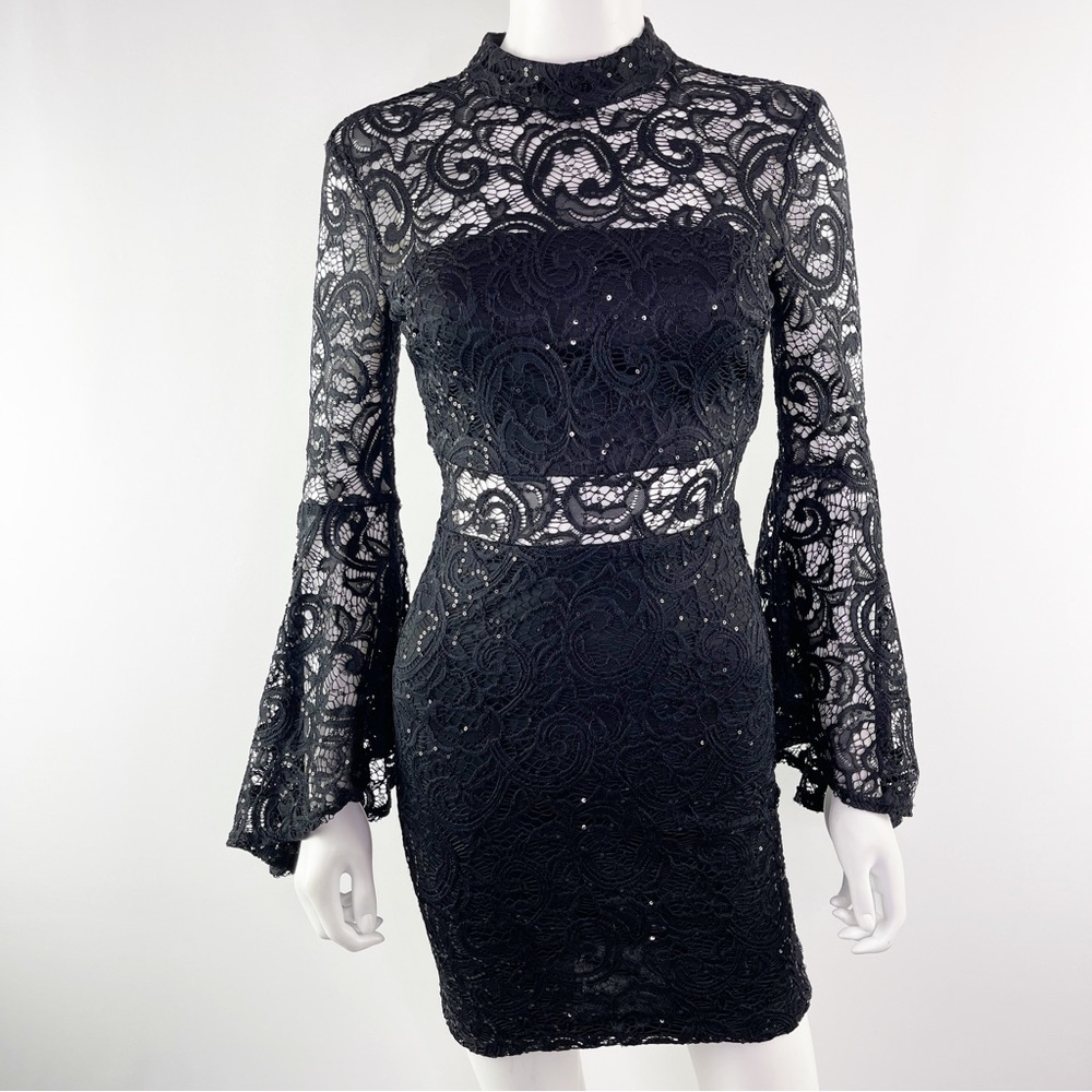 Jodi Kristopher Women's Black Lace Sequin Mini Dress with Flare Sleeves Size XS - Picture 1 of 11